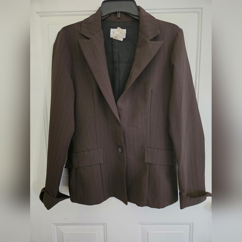 XOXO Vintage Womens Print Stripe Brown Button Suit Jacket L